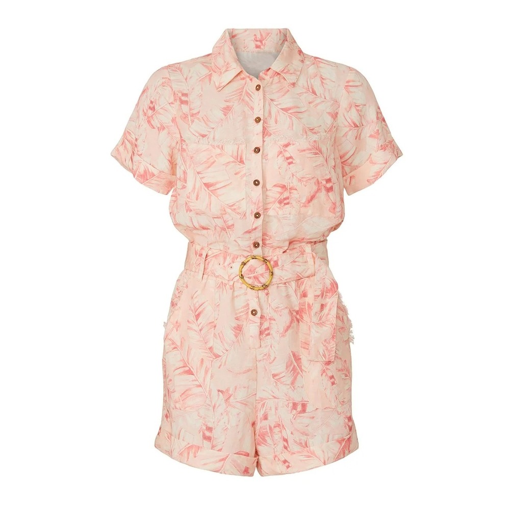 Show Me Your MuMu Pink & Cream Short-Sleeve Belted Romper